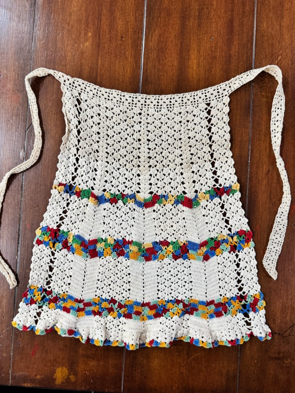 Handmade Crocheted Apron Boho Cottagecore Cream w/ Color Trim Waist 52”